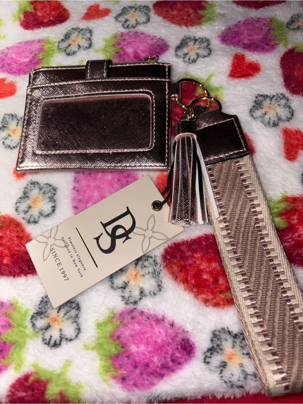 Metallic Rose Card Holder Keychain with Tassel Strap